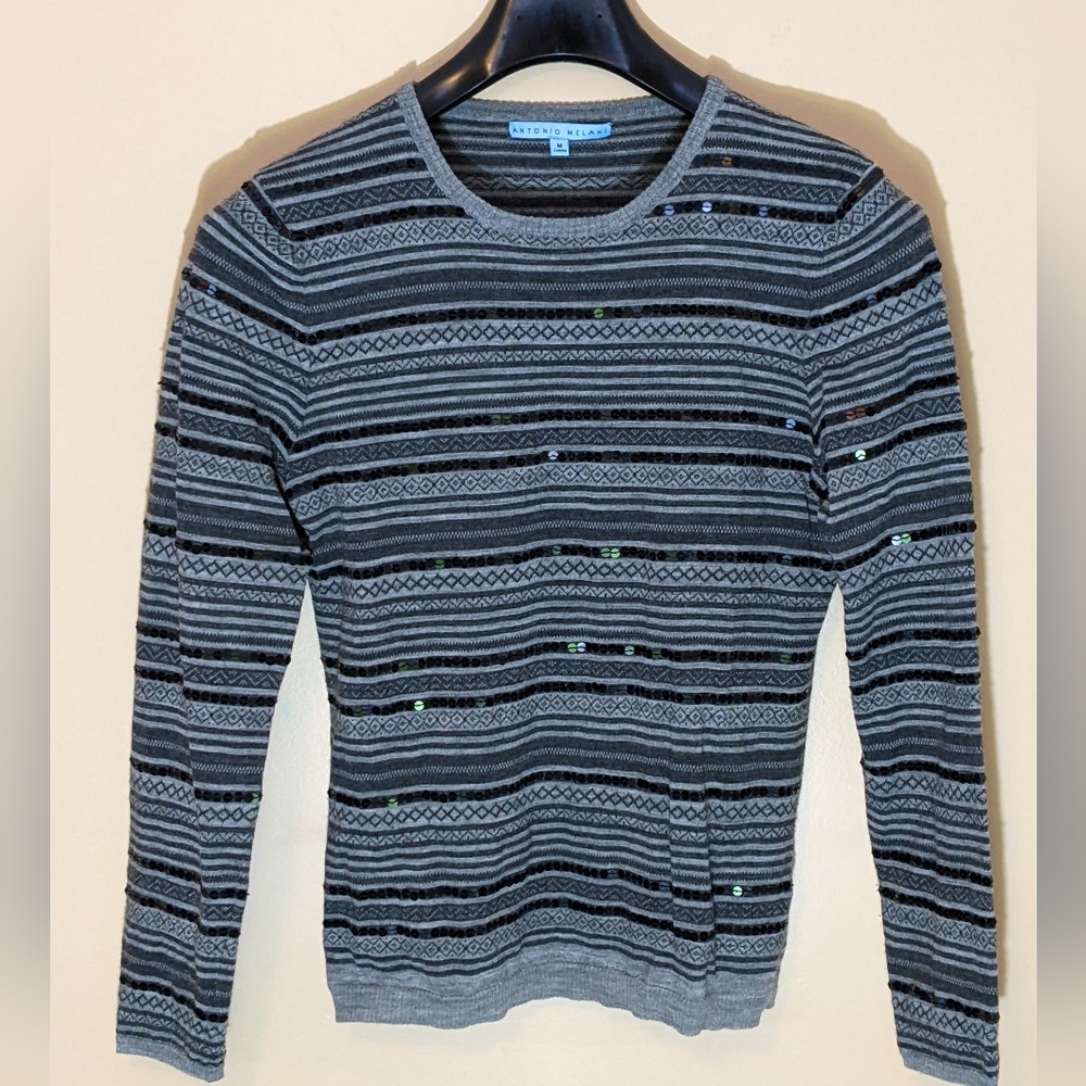 Antonio Melani| Black and Grey Striped Sequined Crew Neck Sweater